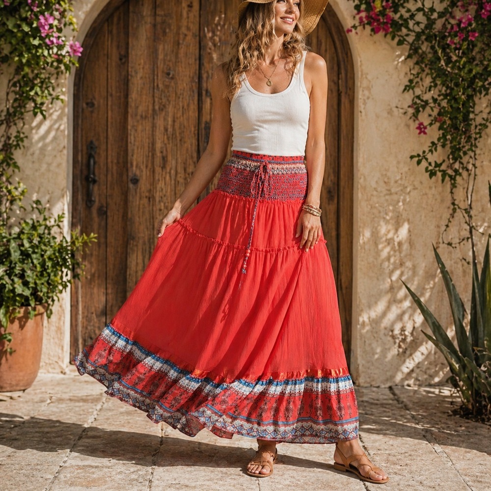 Smocked Waist Sheer Chiffon Layered‎ Maxi Skirt  L Fairy Boho Southwestern